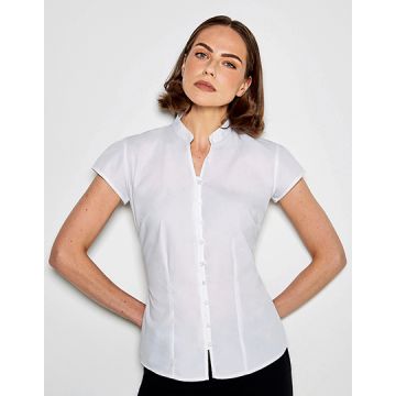 Kustom Kit K727 Tailored Fit Mandarin Collar Poplin Blouse Cap Sleeve